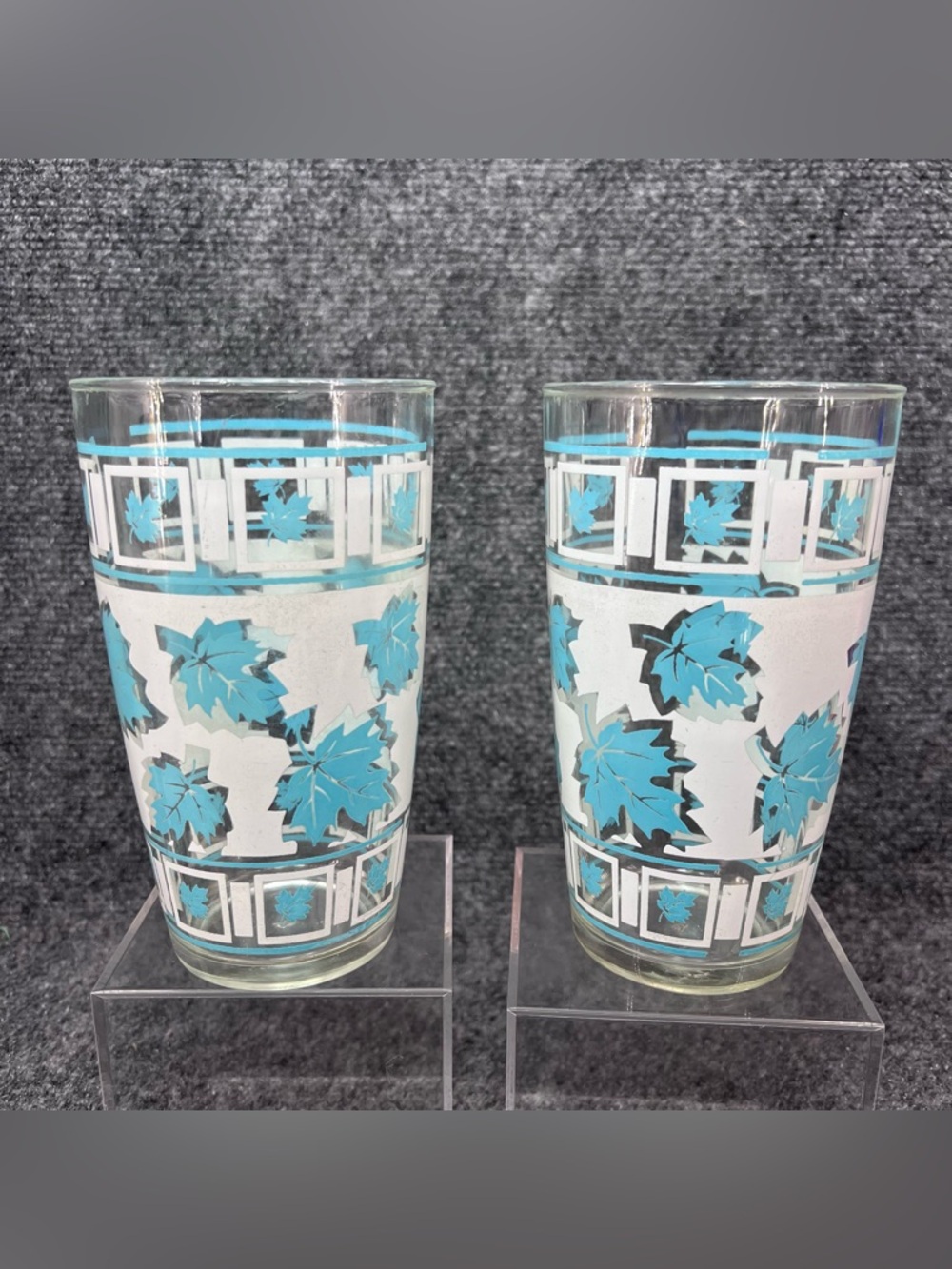 2 Hazel Atlas XL Blue & White 24oz Retro Falling Leaves Tumbler Glasses Shakers